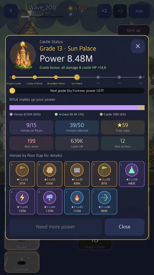Castle status: The grade path and the hero on each floor
