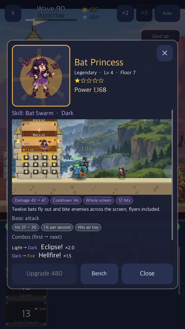 Hero info: A tiny live battle shows the skill