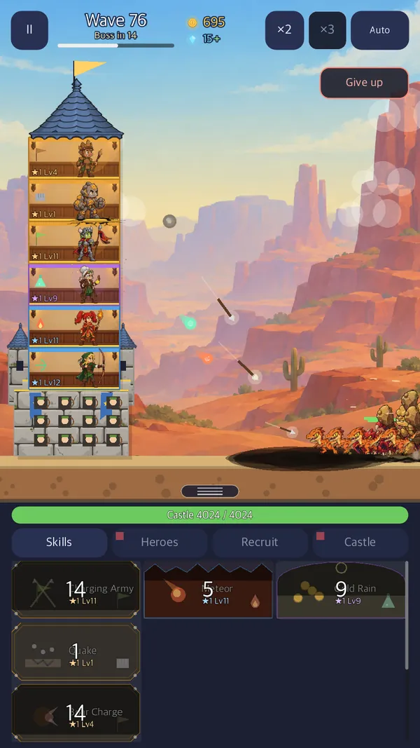 Wave battle: Heroes on every floor shoot as enemies pour in from the right