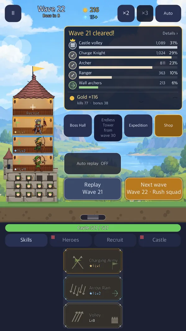 Wave cleared: Damage per hero, then Replay or Next wave